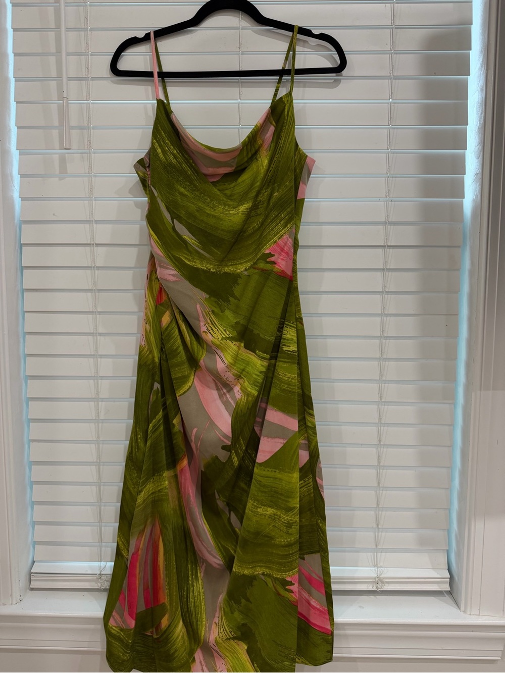 BCBG Olive Green and Pink Cowl Slip Maxi Dress